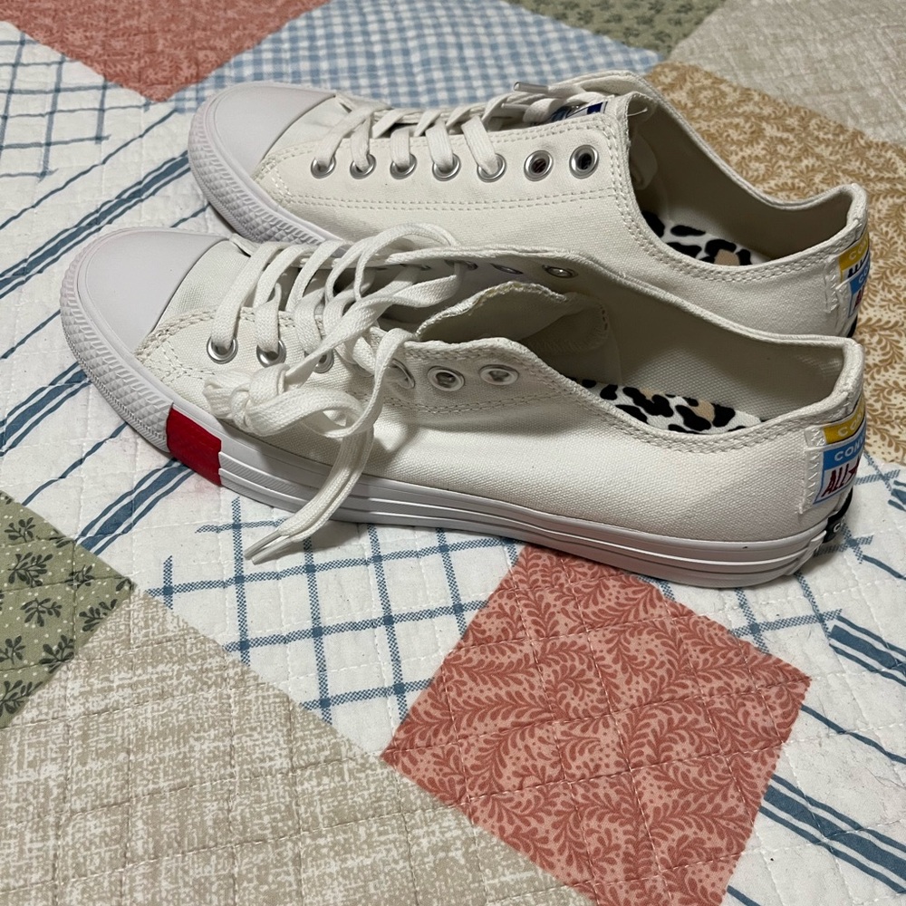 White Canvas Converse Sneakers with Red Accent and All-Star Tags